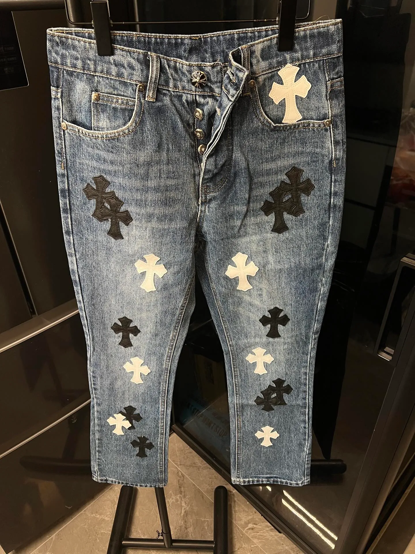 P260 [Next day] Chrome Hearts/Chrome Hearts 26Ss ch classic bamboo blue and black and white leather jeans (blue) Size: 28 30 32 34 36 (corresponding to s-xxl) Detailed sizes can be found in Figure 9